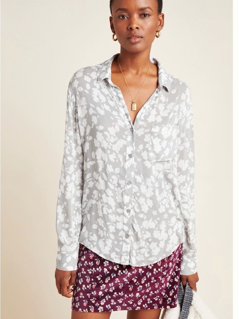 cloth & stone Gray and White Floral Button-Down Shirt
